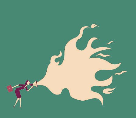 Illustration of a woman speaking through a megaphone, with a large flame-shaped speech cloud rising from it