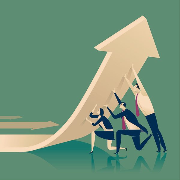 Illustration of three business people pushing a large upward arrow together