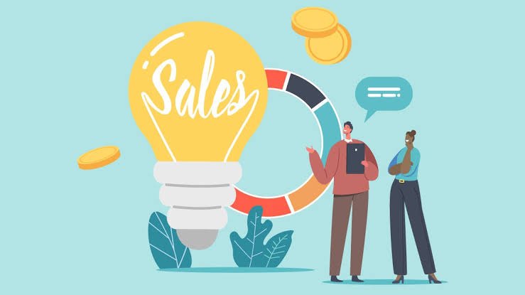 Illustration of a large light bulb with the word Sales, a donut chart, coins and two colleagues talking