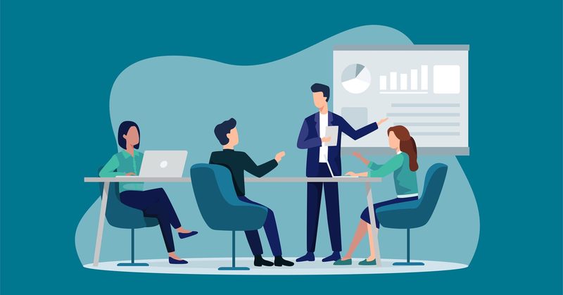 Illustration of a presenter at a screen showing charts, with colleagues seated around a meeting table