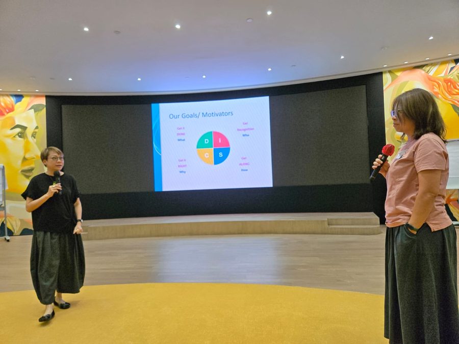 A trainer presenting beside a screen showing the Everything DiSC circle while a participant listens